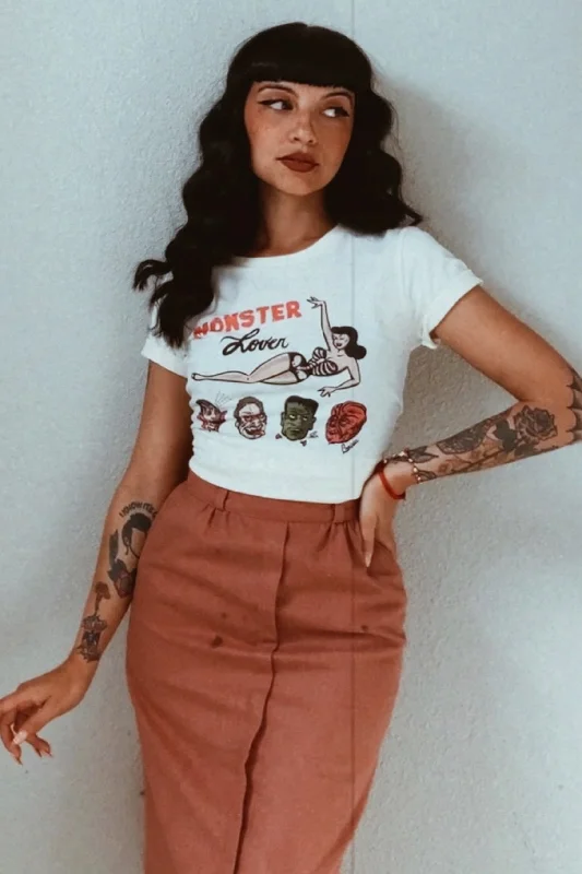 Monster Lover Fitted Tee in Ivory Oversized T-Shirt Spandex breathable