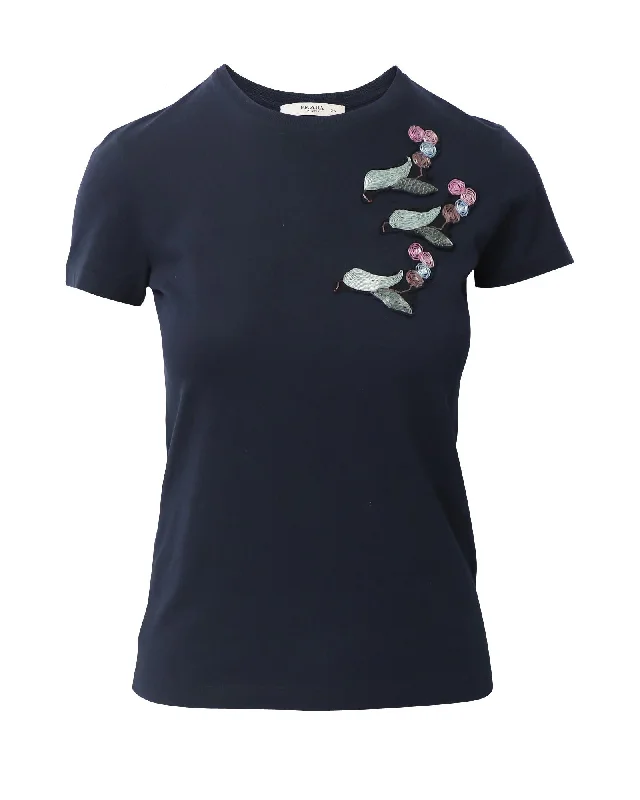 Embroidered Navy Blue Cotton T-Shirt Front Pockets Side Pockets Patch Pockets