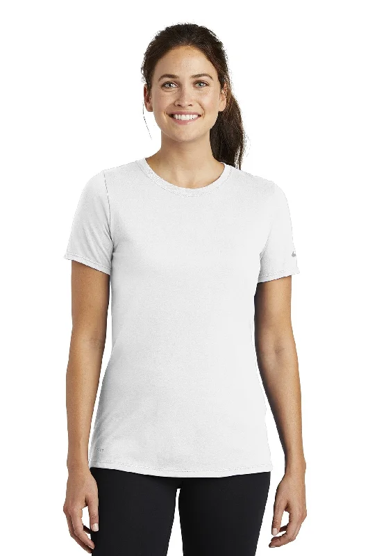 Nike Ladies DriFIT CottonPoly Scoop Neck Tee NKBQ5234 White Ribbed T-Shirt High Neck Heavyweight