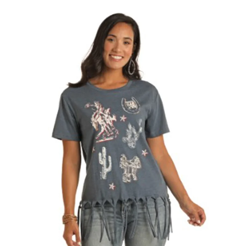 Rock & Roll Women's Navy Tie Fringe Tee Striped Floral Plaid