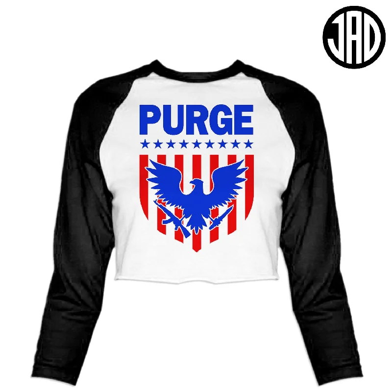 Purge Shield - Women's Cropped Baseball Tee Front Pockets Side Pockets Patch Pockets