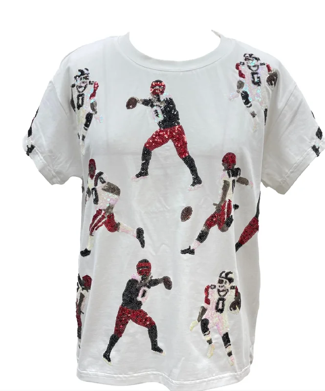 Queen of Sparkles Scattered Football Players Tee - WHITE/RED & BLACK Collared Crew Neck Turtle Neck
