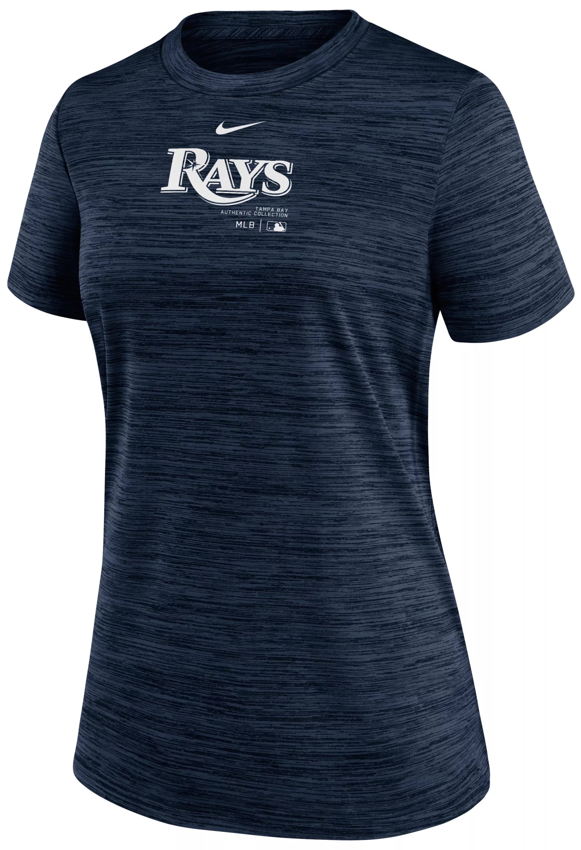 Rays Women's Nike Navy Authentic Collection Velocity T-Shirt Asymmetrical Pockets Print