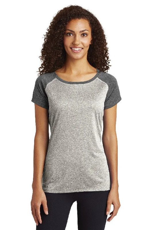 Sport-Tek Ladies Heather-On-Heather Contender Scoop Neck Tee LST362 Vintage Heather/Graphite Heather Graphic Embroidered Appliqued