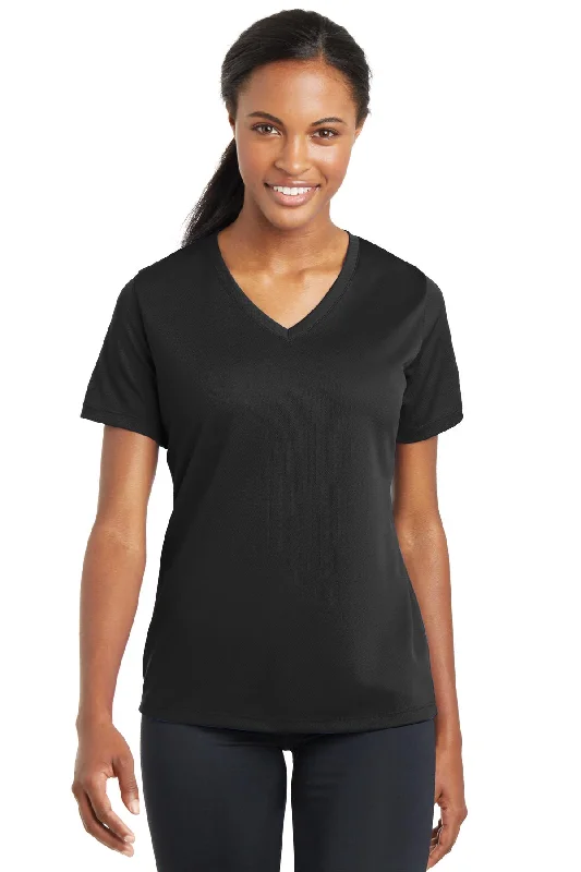 Sport-Tek Ladies PosiCharge RacerMesh V-Neck Tee LST340 Black Solid Print Embellished