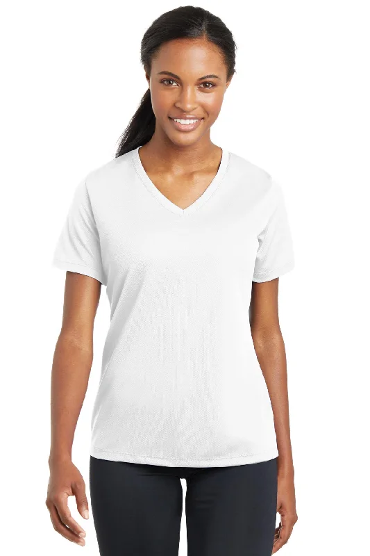 Sport-Tek Ladies PosiCharge RacerMesh V-Neck Tee LST340 White Asymmetrical Pockets Print