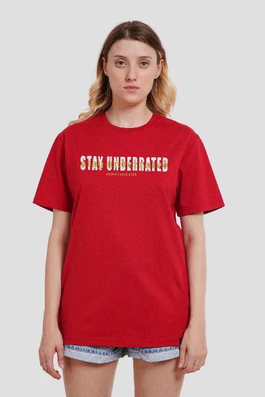 Stay Underrated Red Boyfriend Fit T-Shirt Women Solid Color Striped Floral