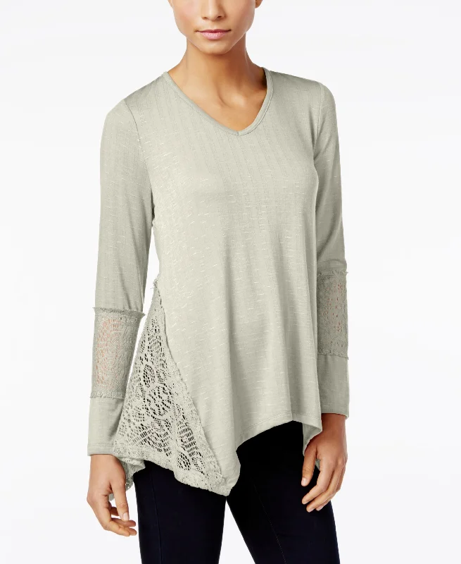 Style & Co. Womens Lace-Panel Basic T-Shirt Chenille Blend Fleece Blend Nylon Blend