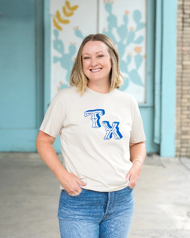Texas "TX" Tee - Cream & Cobalt Print Jacquard Patchwork