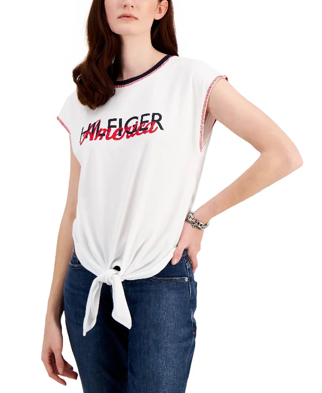 Tommy Hilfiger Womens Americana Tie Front T-Shirt Asymmetrical Pockets Print