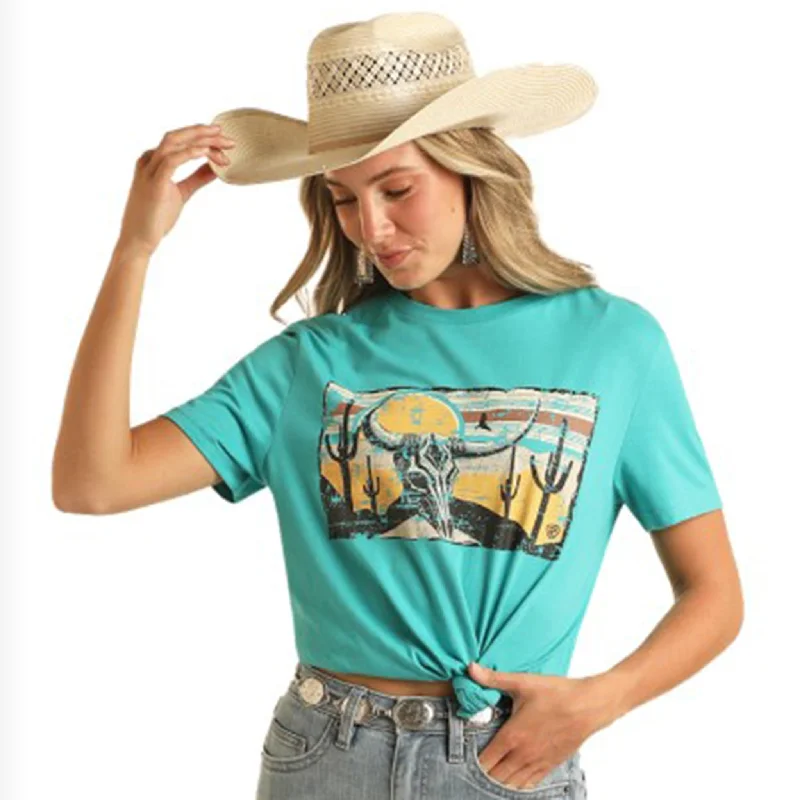 Rock and Roll Women's Turquoise Skull Desert Tee Terry Blend Velvet Blend Canvas Blend Rock and Roll Women's Turquoise Skull Desert Tee Terry Blend Velvet Blend Canvas Blend
