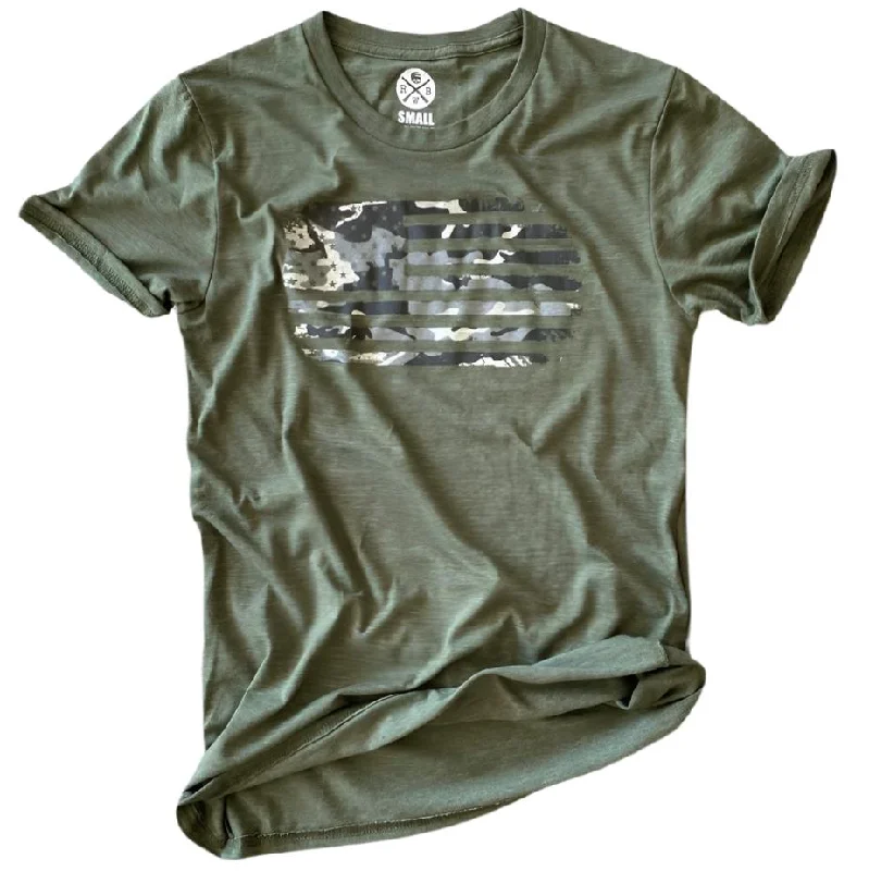 Women's Gray Camo American Flag T-Shirt (Army) Mesh Fabric Canvas Fabric Denim Fabric