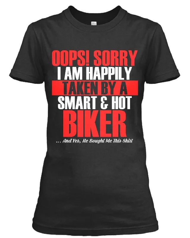 Women's Taken By A Smart & Hot Biker T-Shirt, Cotton & Polyester,Black Collared T-Shirt Boat Neck A-Line