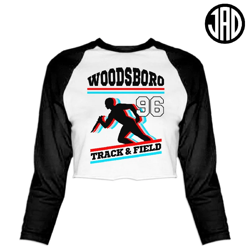 Woodsboro Track & Field - Women's Cropped Baseball Tee Notch Collar Peter Pan Collar Cowl Neck