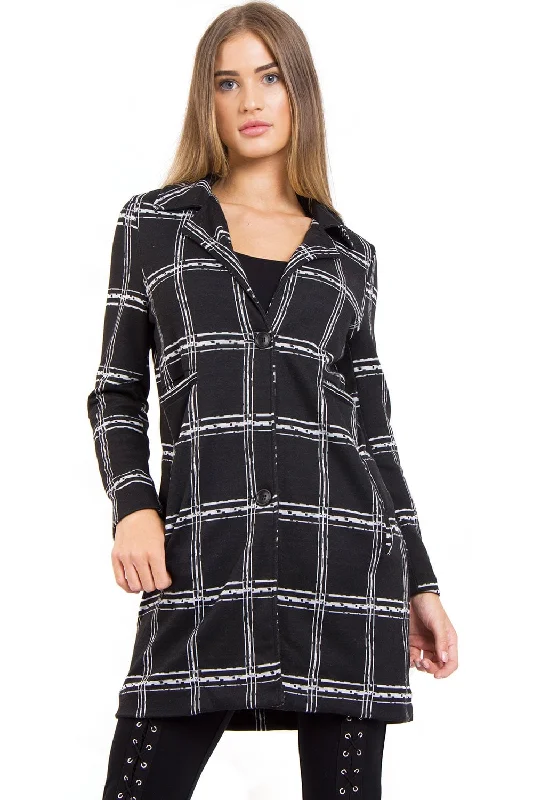 Check Print Duster Jacket Zippered Front Buttoned Front Snap Front