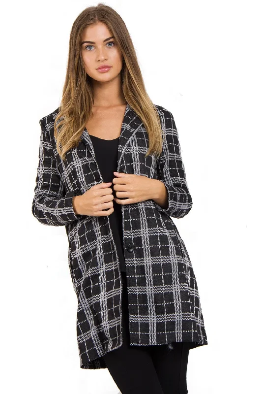 Black Tartan Check Print Duster Jacket Jacket Blazer Coat
