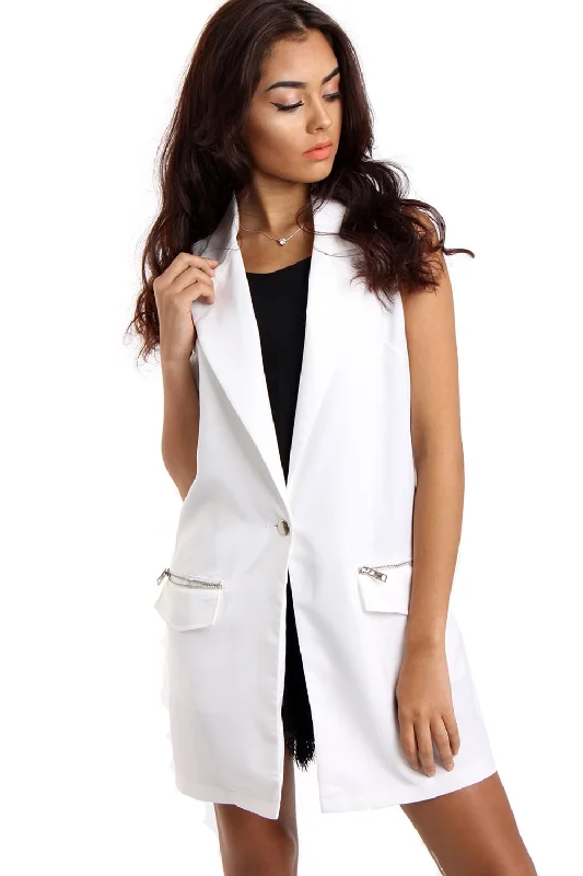 White Longline Sleeveless Jacket Waistcoat with Zip Pocket Wool Jacket Cashmere Jacket Tweed Jacket