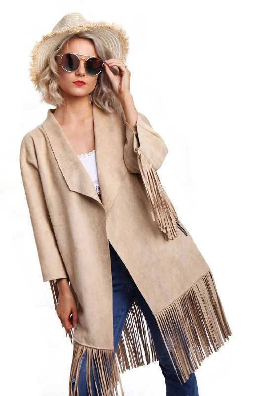 Faux Suede Fringed Festival Jacket Zip Front Button Front Snap Front