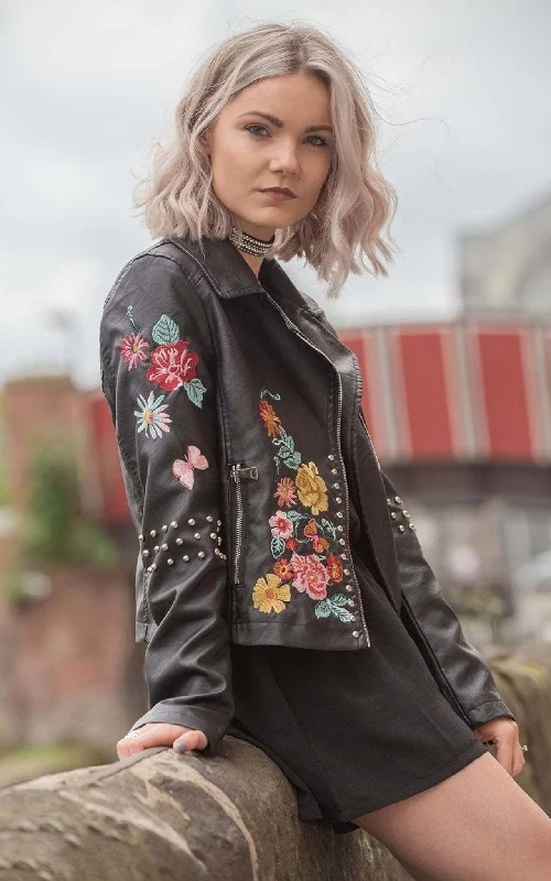 Floral Embroidered Studded Detail Biker Leather Jacket Print Jacket Jacquard Jacket Embroidered Jacket