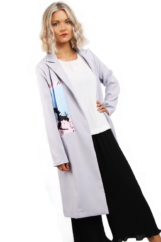 Patchwork Print Longline Duster Jacket Blazer Coat Trench Coat Raincoat Waterproof Jacket