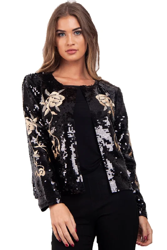 Black Sequins Embellished and Floral Embroidered Blazer Jacket Knit Fabric Woven Fabric Fleece Fabric