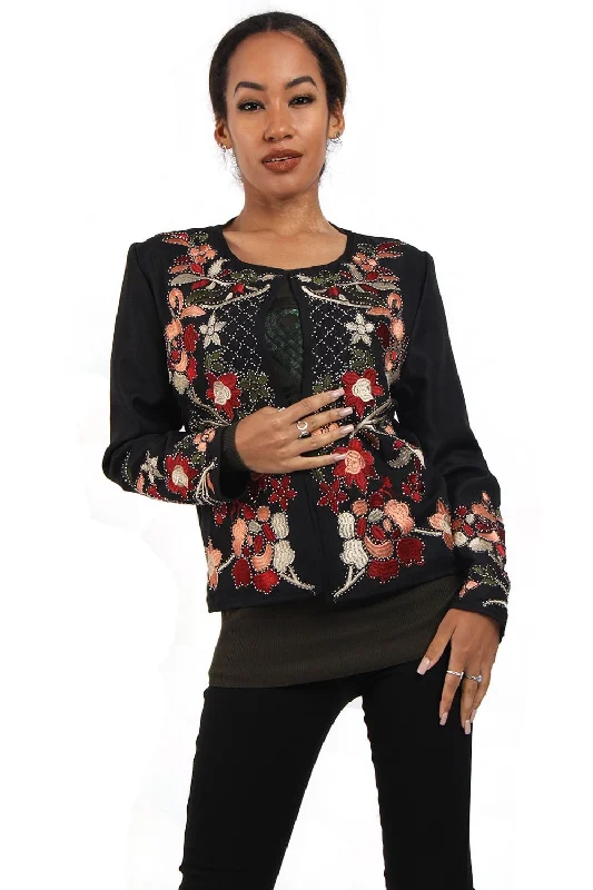 Red Embroidered Floral Design Jacket Denim Fabric Leather Fabric Suede Fabric