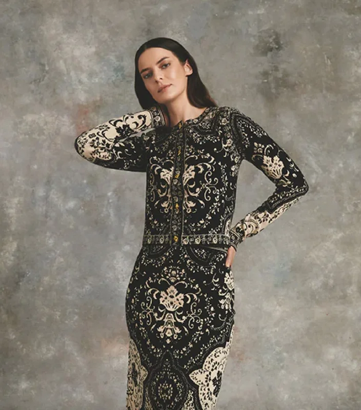 Alessa Jacket - Black Scroll Terrace One-Shoulder Jacket Off-the-Shoulder Jacket Asymmetrical Jacket