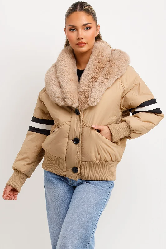 Aviator Bomber Jacket With Faux Fur And Stripe Detail Beige Trench Coat Raincoat Waterproof Jacket