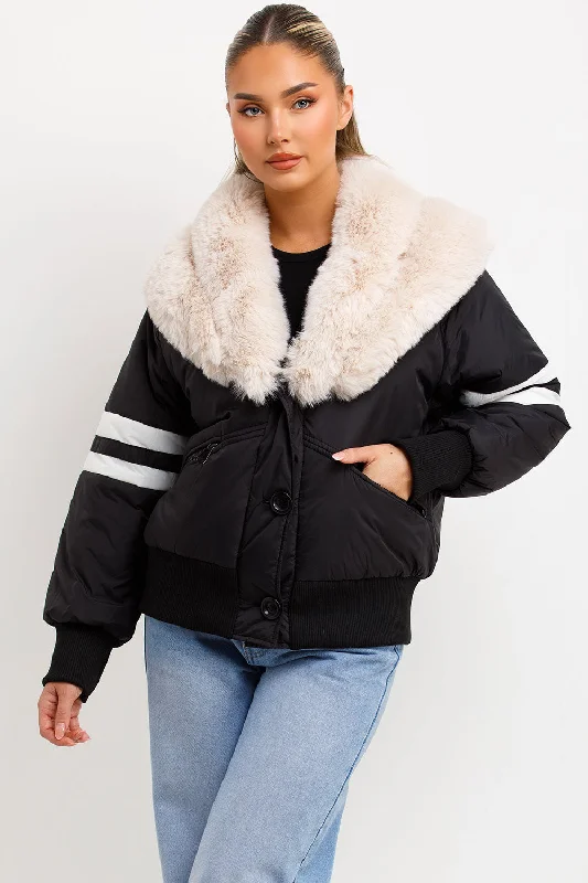 Aviator Bomber Jacket With Faux Fur And Stripe Detail Black Print Jacket Jacquard Jacket Patchwork Jacket