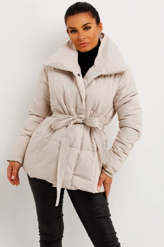 Beige Duvet Padded Jacket With Belt Mesh Jacket Canvas Jacket Denim Jacket