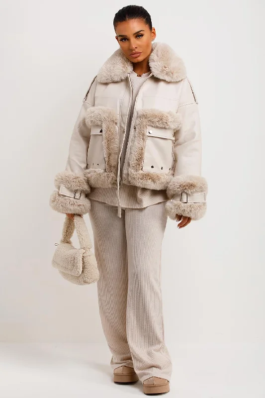 Beige Faux Fur Trim Faux Leather Jacket Appliqued Jacket Beaded Jacket Sequined Jacket