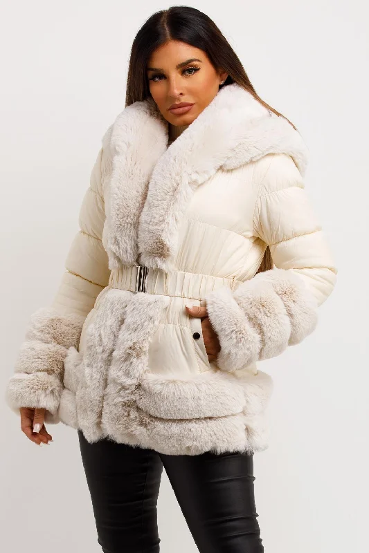 Beige Faux Fur Trim Puffer Hooded Down Jacket With Belt Faux Fur Jacket Real Fur Jacket Shearling Jacket
