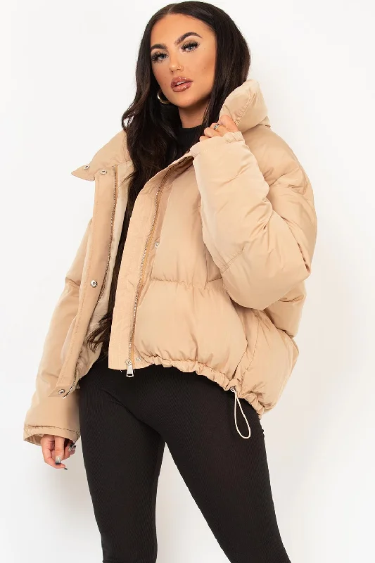Beige Puffer Jacket With Drawstring Hem Wool Fabric Cashmere Fabric Tweed Fabric
