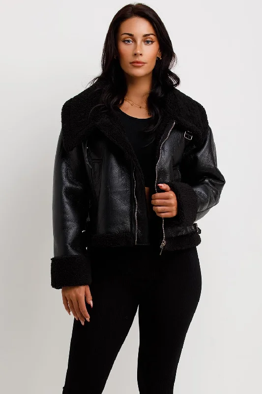 Black Faux Leather Aviator Jacket With Belt Fleece Jacket Down Jacket Parka
