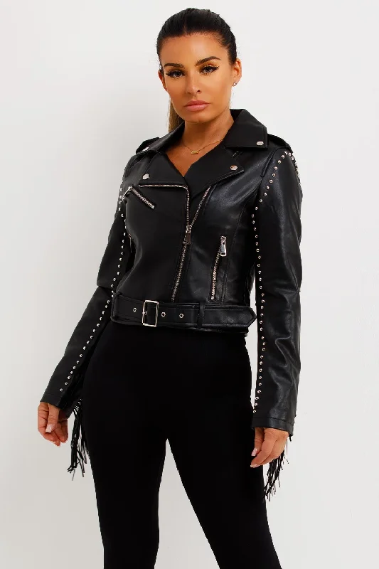 Black Faux Leather Biker Jacket With Tassels And Stud Detail Rayon Jacket Velvet Jacket Corduroy Jacket