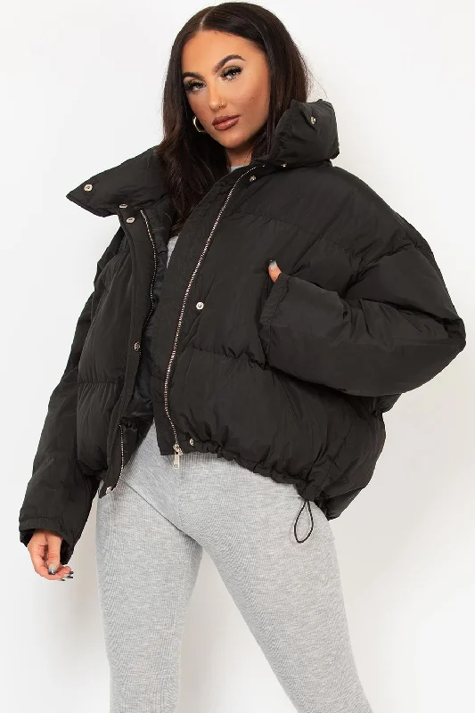 Black Puffer Jacket With Drawstring Hem Striped Jacket Polka Dot Jacket Floral Jacket