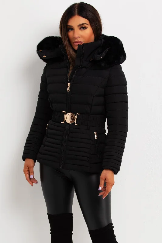 Black Puffer Jacket With Faux Fur Hood And Gold Belt Cotton Jacket Linen Jacket Terry Jacket