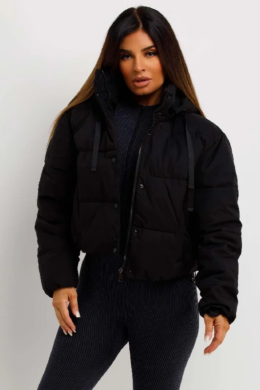 Black Puffer Padded Jacket With Hood Tailored Jacket Straight Jacket A-Line Jacket