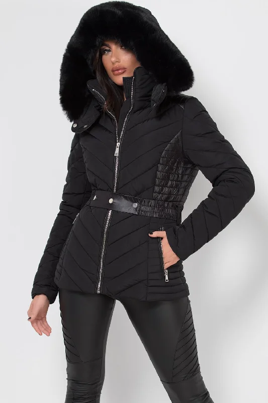 Black Puffer Quilted Jacket With Faux Fur Hood And Belt Nylon Fabric Polyester Fabric Spandex Fabric