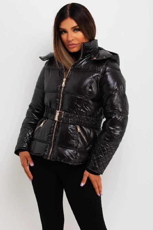 Black Shiny Puffer Jacket With Hood And Belt Anorak Shell Jacket Lightweight Jacket
