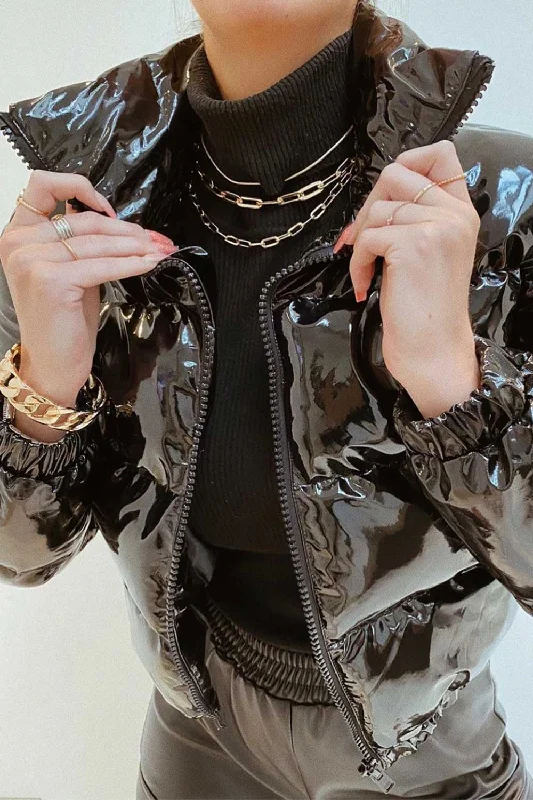 Black Shiny Puffer Jacket Stand-Up Collar Roll-Neck Collar Turtle Neck