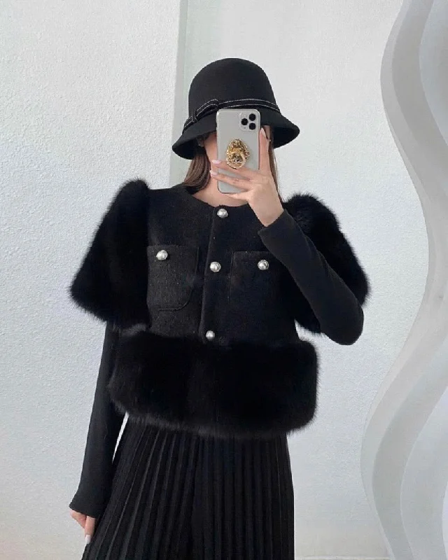Black Swan Fur Jacket Notch Collar Peter Pan Collar Cowl Neck