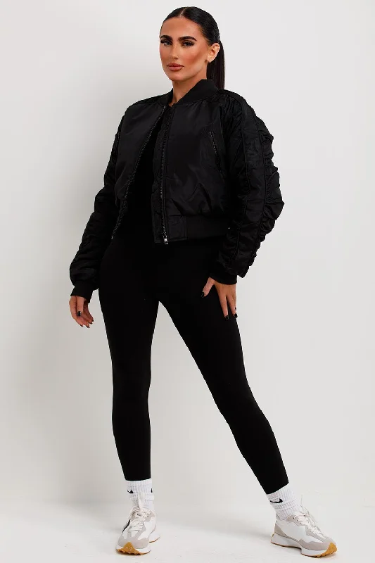 Bomber Jacket With Ruched Sleeves Black Rayon Fabric Velvet Fabric Corduroy Fabric