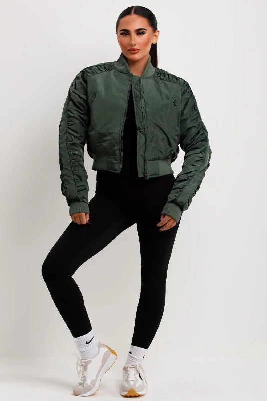 Bomber Jacket With Ruched Sleeves Khaki Nylon Fabric Polyester Fabric Spandex Fabric
