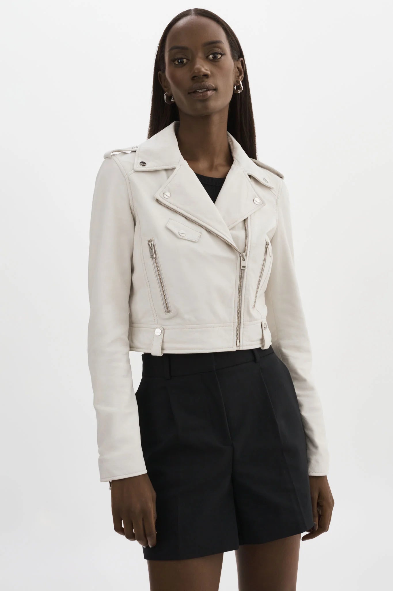 Ciara Leather Crop Moto Jacket - White Toggled Jacket Drawstring Jacket Belted Jacket
