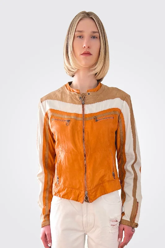 Colorblock Leather Jacket - Amber Multi Welt Pockets Slit Pockets Flap Pockets