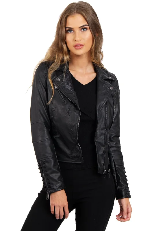 Black Floral Embroidered Studded Detail Faux Leather Biker Jacket Snapped Jacket Toggled Jacket Drawstring Jacket