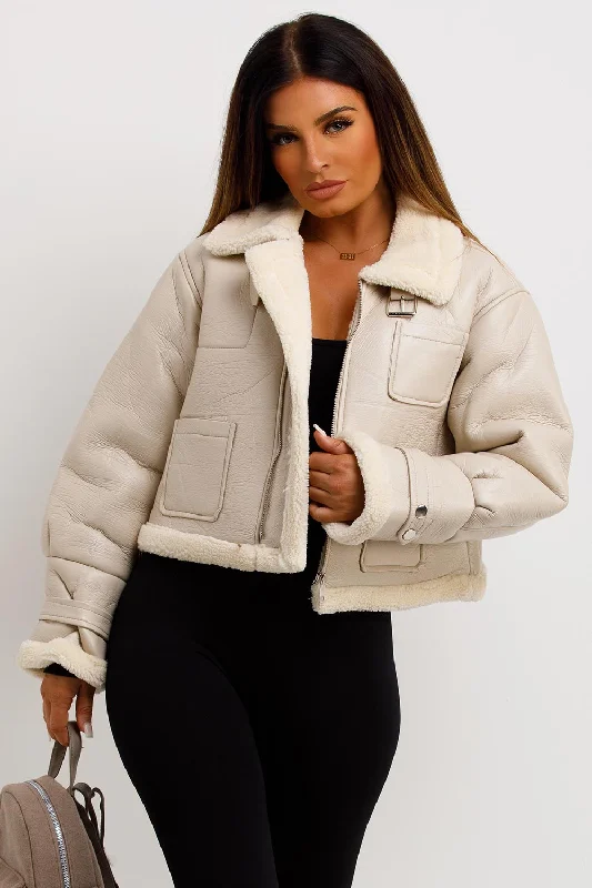 Crop Aviator Jacket Beige Welt Pockets Slit Pockets Flap Pockets