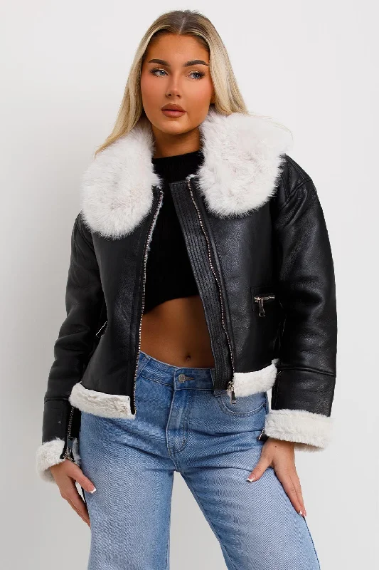 Crop Aviator Jacket With Fur Collar Black Mesh Jacket Canvas Jacket Denim Jacket