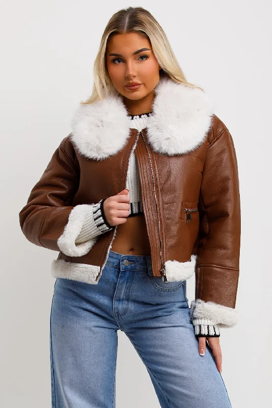 Crop Aviator Jacket With Fur Collar Brown Quilted Jacket Puffer Jacket Insulated Jacket